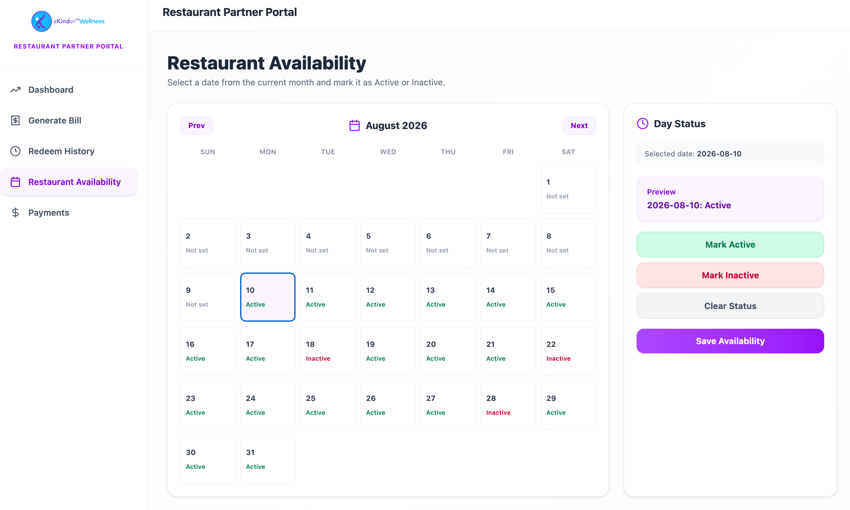 Availability settings for serving days and unavailable dates