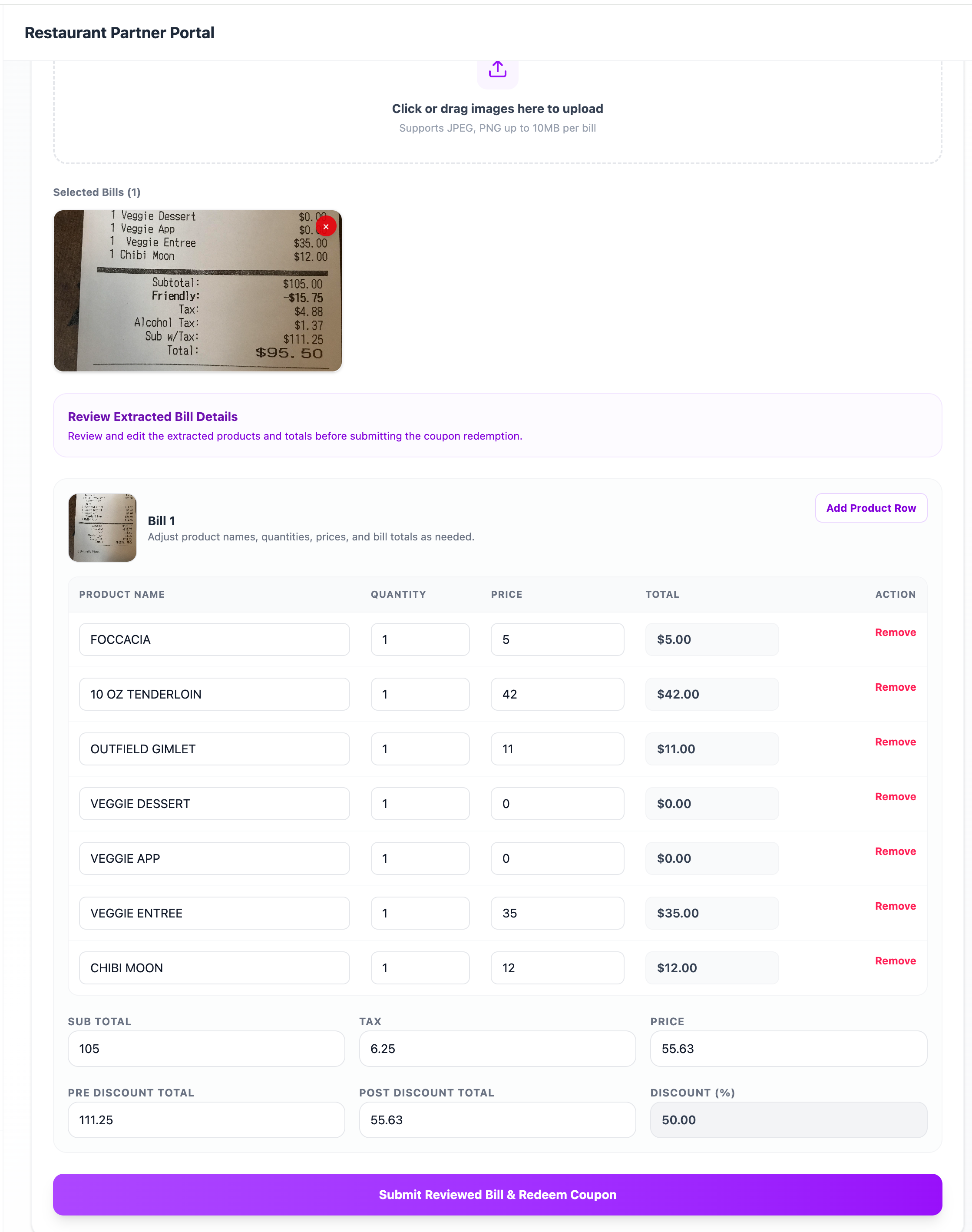 Editable bill table with items, tax and totals before submitting