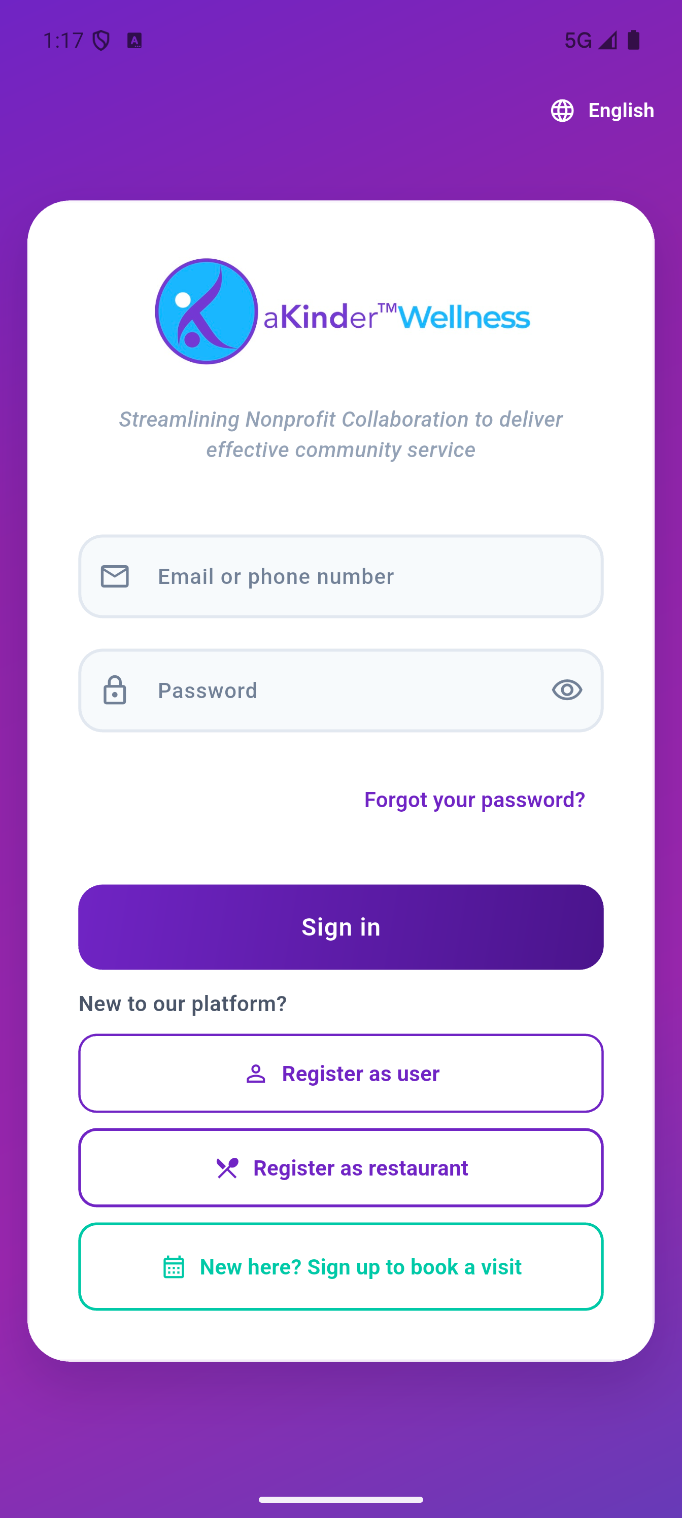Restaurant sign-in screen in the mobile app