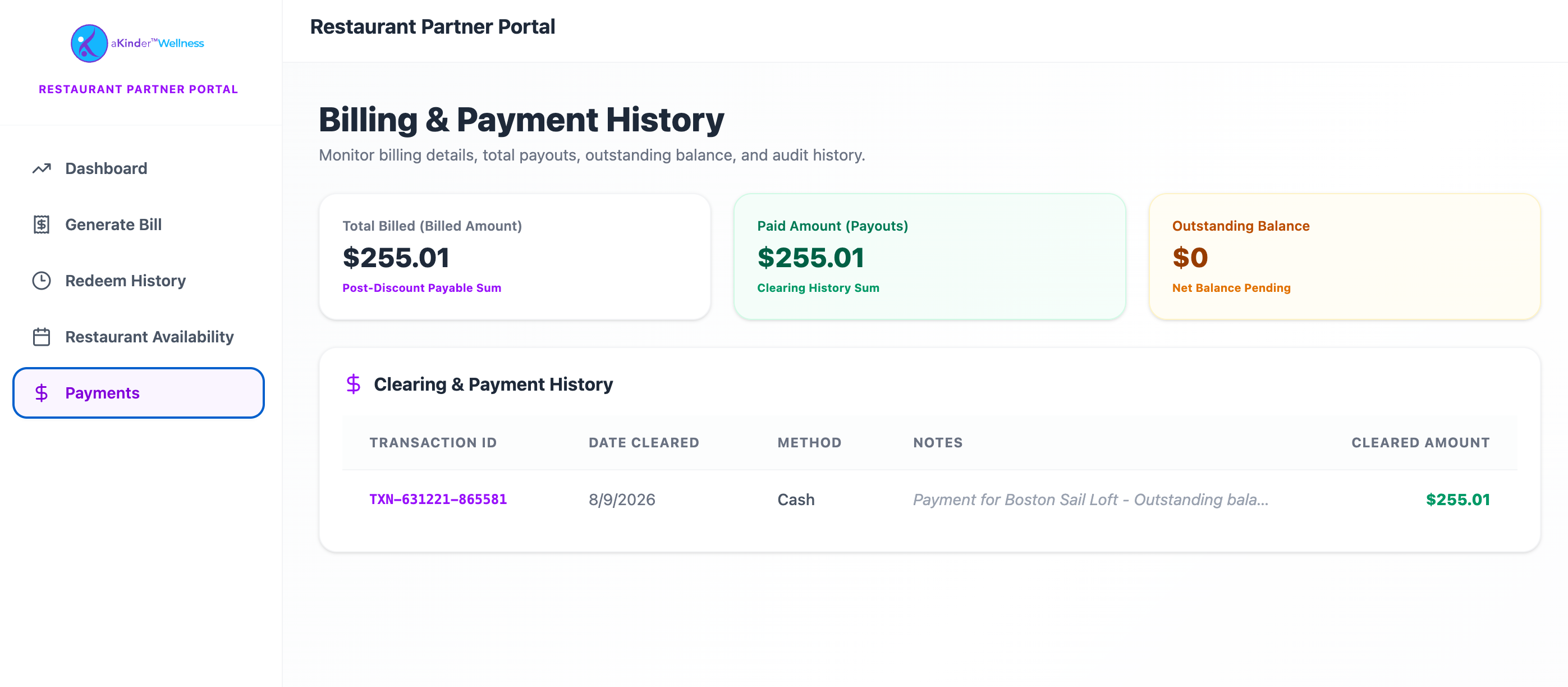 Payment history showing paid and outstanding amounts