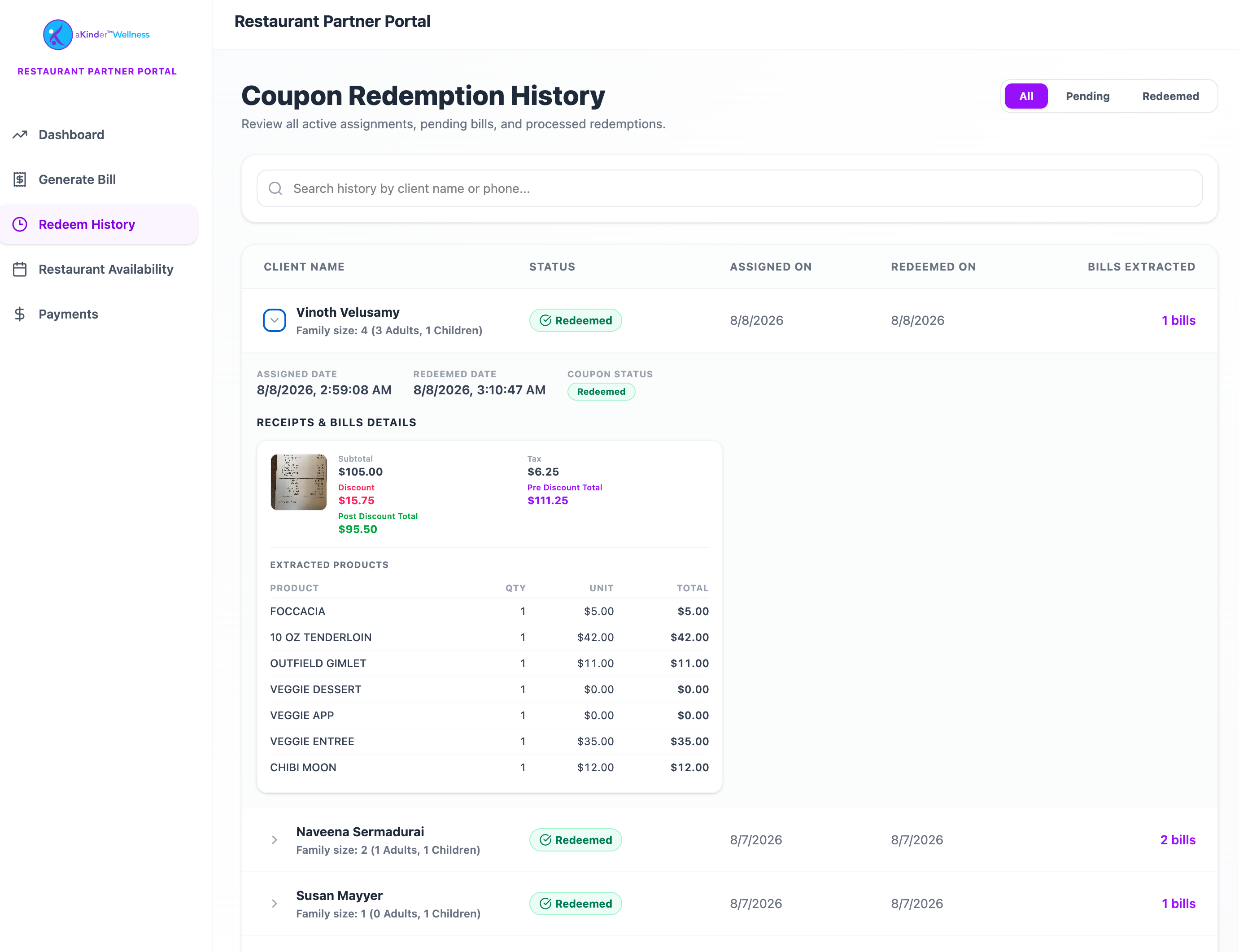 Redemption history list with dates, clients and totals