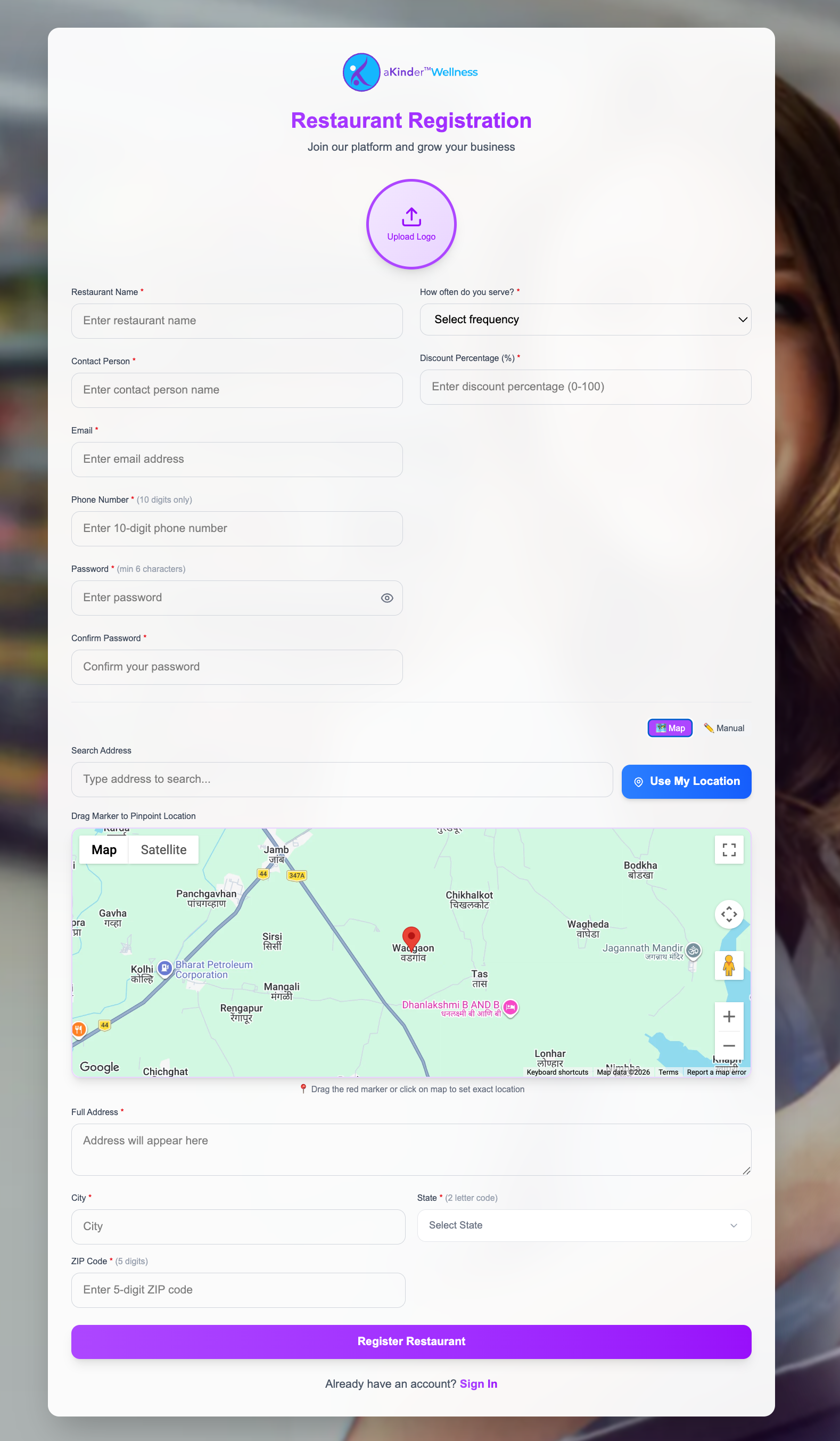 Restaurant registration form with the address search